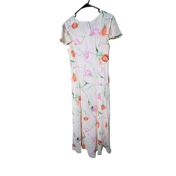 Vintage Y2K Mary McFadden Pink Peach Floral Flutter Cap Sleeve Maxi Dress Size 1 - Picture 6 of 11